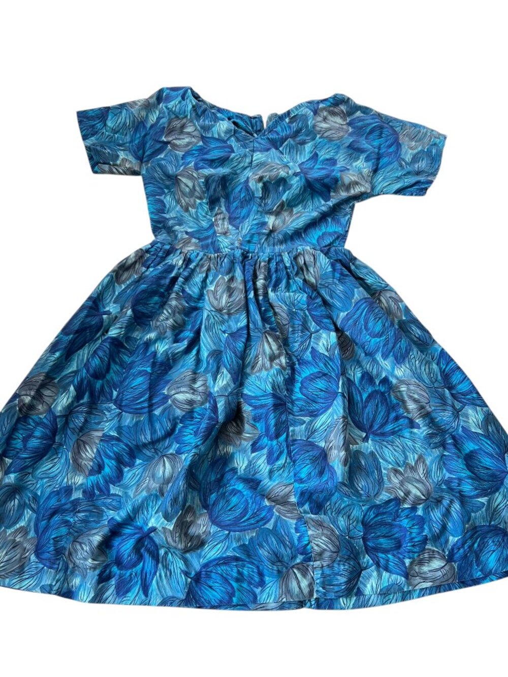 Vintage dress blue and gray floral print short sleeve 50s 60s fit flare midi